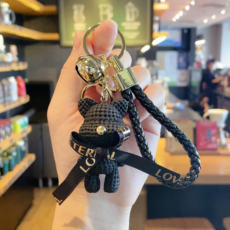 New 2022 luxury designer Llaveros pvc resin crafts yarn bow bear keychain with bell leather rope key chain