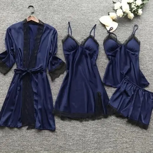 Casual Home Clothes  4 PCS Pajamas Set Women Lace Trim Satin Silk Nightwear Sleepwear