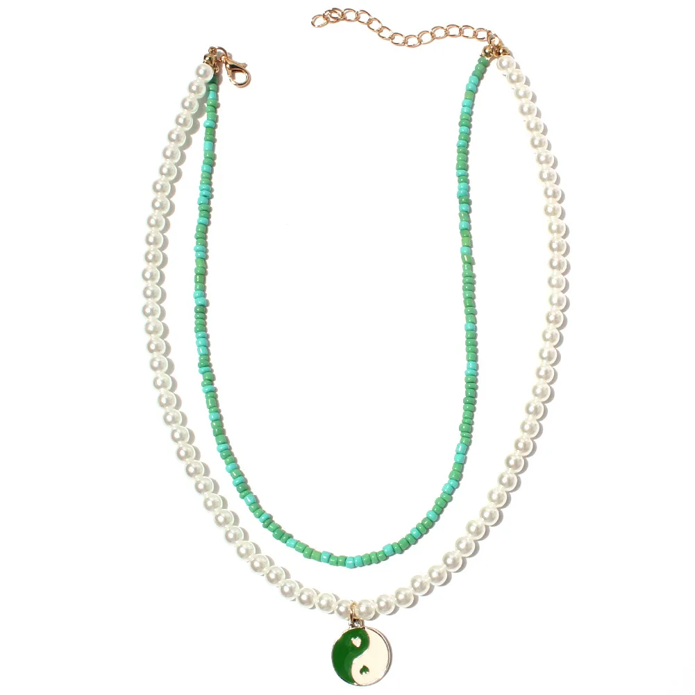 Vintage Tai Chi Yin Yang Pendant Multi layer Necklace Handmade Seed Beads with Imitation Pearl Necklace for Women