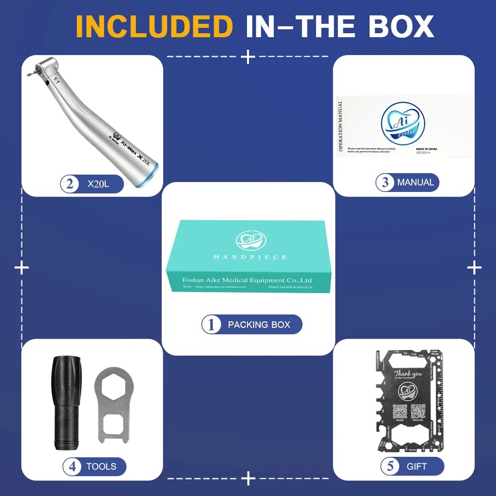 AI-X20L 1:1 Direct Drive  Low Speed Fiber Optic Single Spray For FG burs (1.6) Contra Angle Dental Handpiece Electrical motor