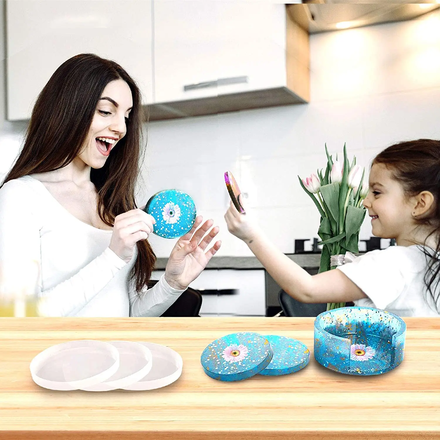 Coaster Resin Molds 4PCS Coaster Silicone Molds with Storage Box Mold for DIY Resin Cups Mats Home Decoration