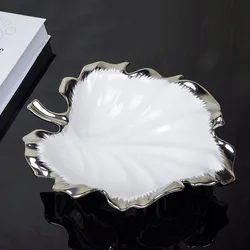 signed unique leaf shape silver Rim ceramic dish plate Nordic Porcelain Plates fruit candy and Snack tray for home