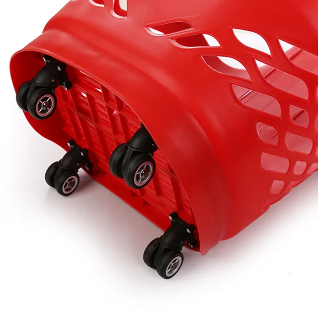 Wholesale plastic shopping basket with wheels rolling basket for grocery retail supermarket with OEM logo print