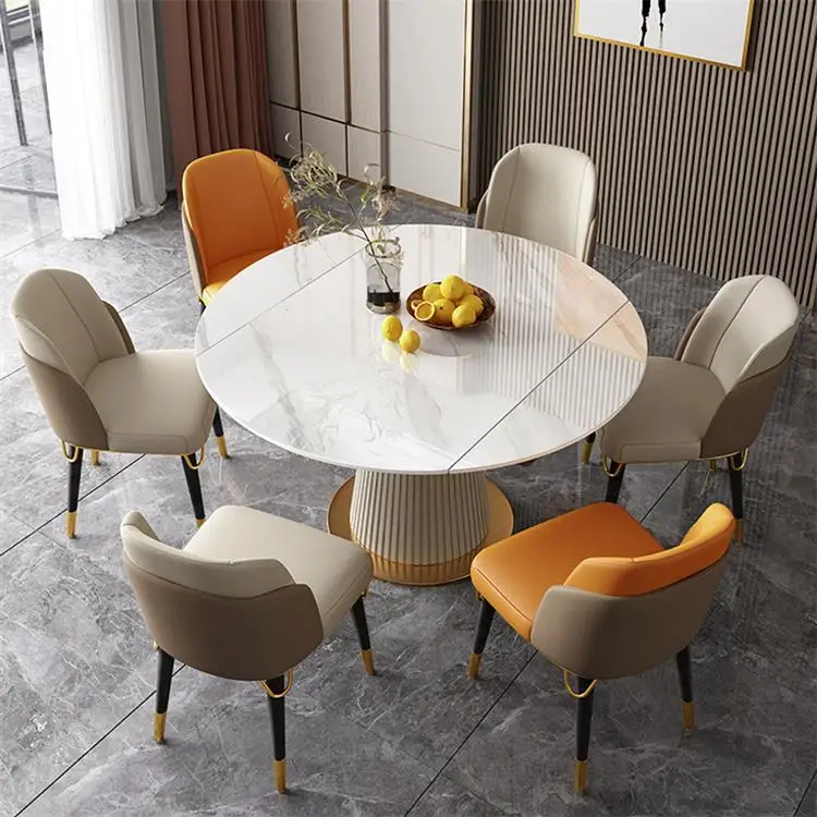 modern rotating telescopic round table light luxury rock slab expandable dining table