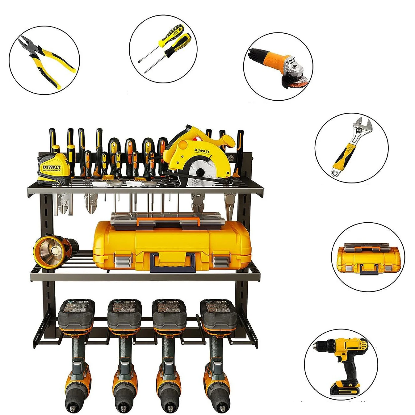 3-Tiers Height Adjustable Metal shelf Garage Tool Organizers and Storage Wall Mount Power Tool Organizer