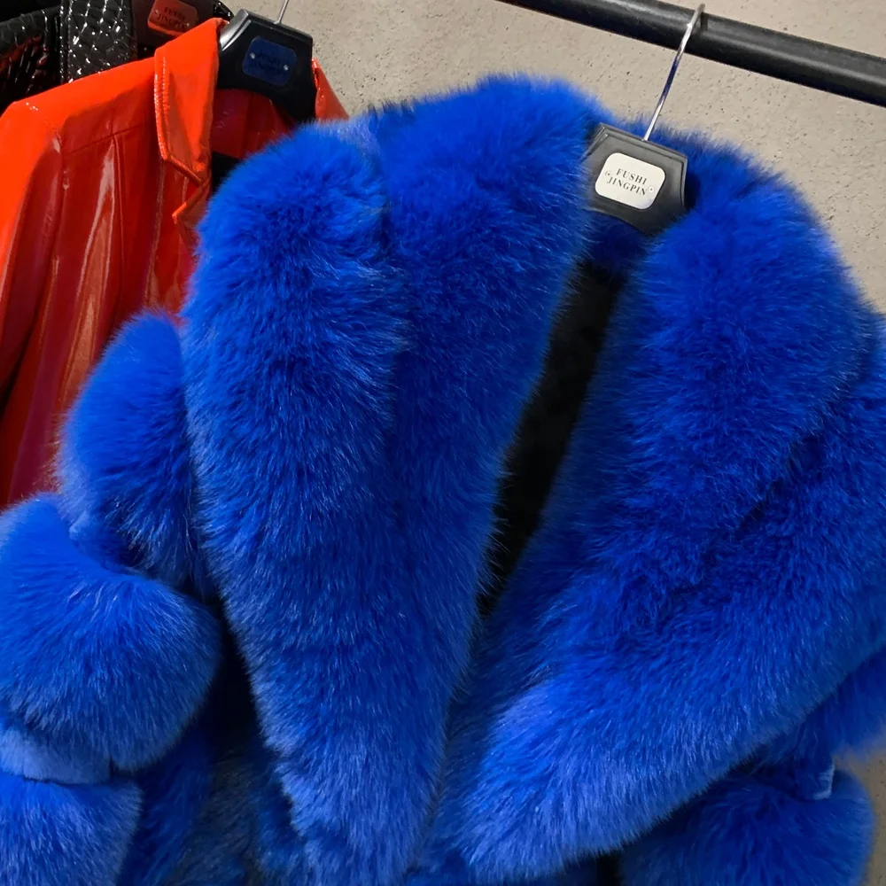 Trendy 2024 winter thick fur jackets luxurious loose long fur coat dark blue womens fur coats