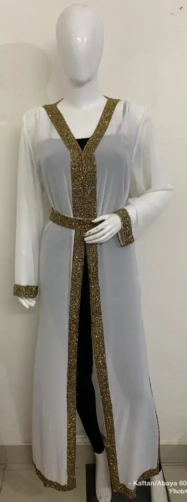 Elegant Ladies Floor Length Abaya Dress Kaftan Front Open Poncho Shrug with Hand Beads Work for Night Parties Club Wear