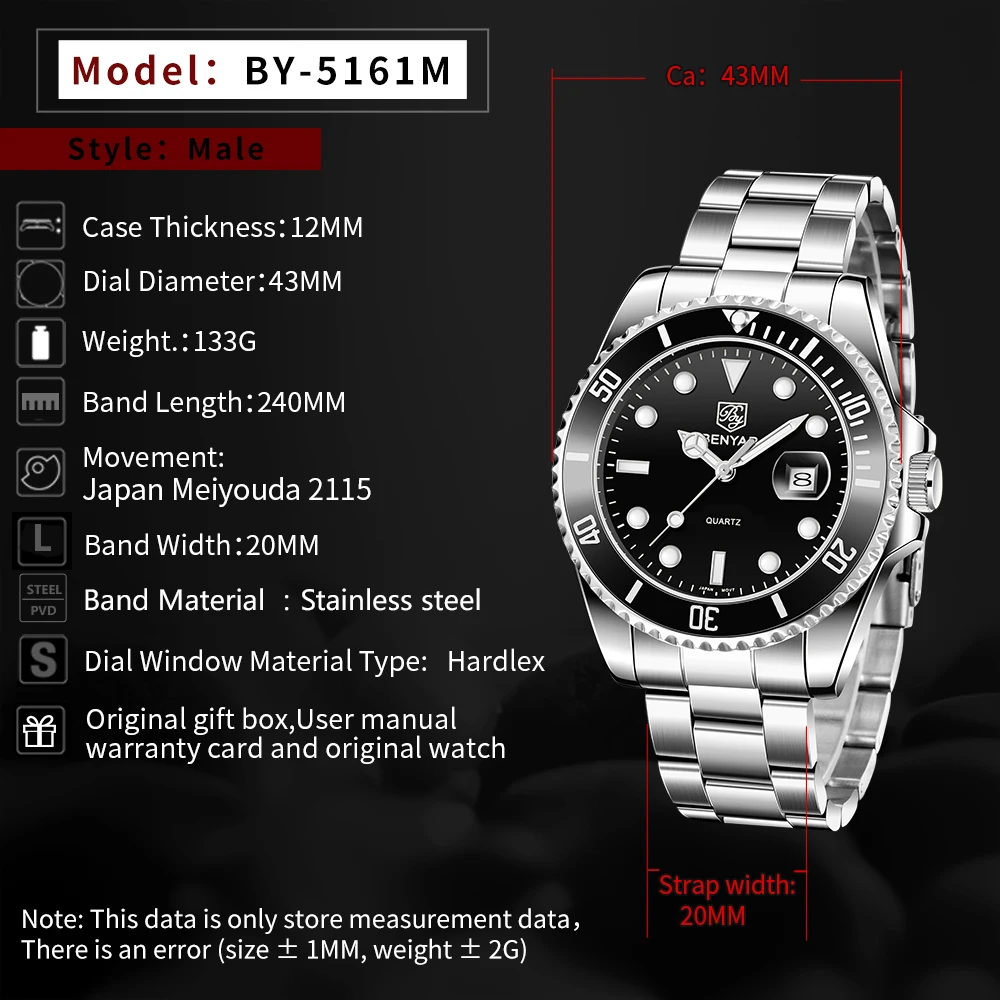 Часы Relojes Hombre Benyar 5161 Классические кварцевые часы с пользовательским логотипом оригинальные брендовые роскошные мужские наручные