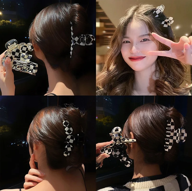 Fashion Women Hair Accessories sexy Black and White checkerboard Hair Claw large acrylic claw hair clips for girls