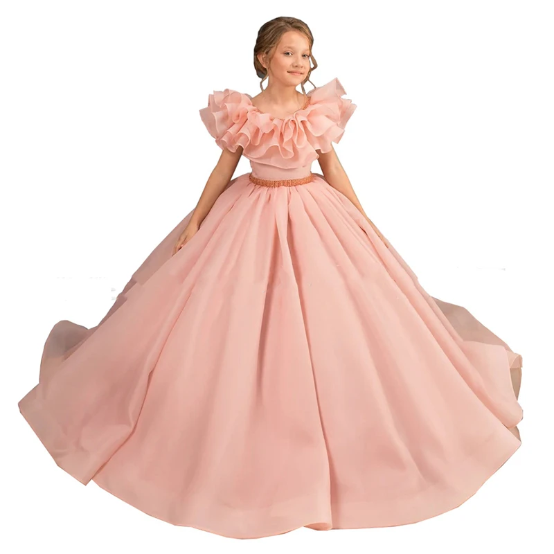 Hot Sell Kids Dinner Party Formal Ball Gown Princess Pink Cute Pleated A-line Dresses Baby Girls Birthday Wedding Fancy Dresses