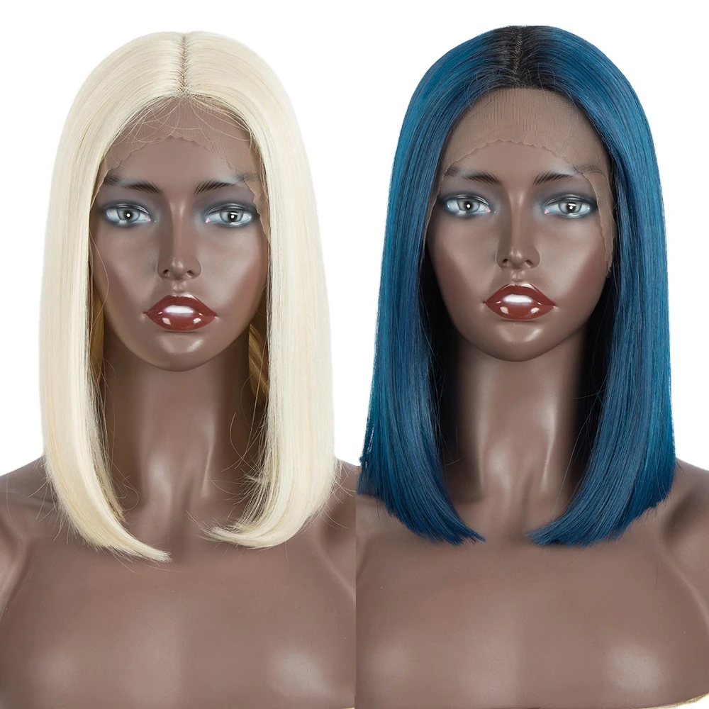 Rebecca wholesale vender heat resistant 14inch straight ombre black to blue color straight bob synthetic lace front wigs