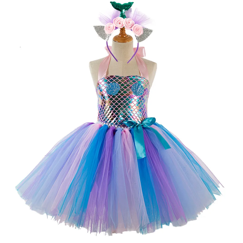 treasure Mermaid tutu skirt Halloween dress fish scale luxury birthday evening wedding party elsa princess kids dress for girls