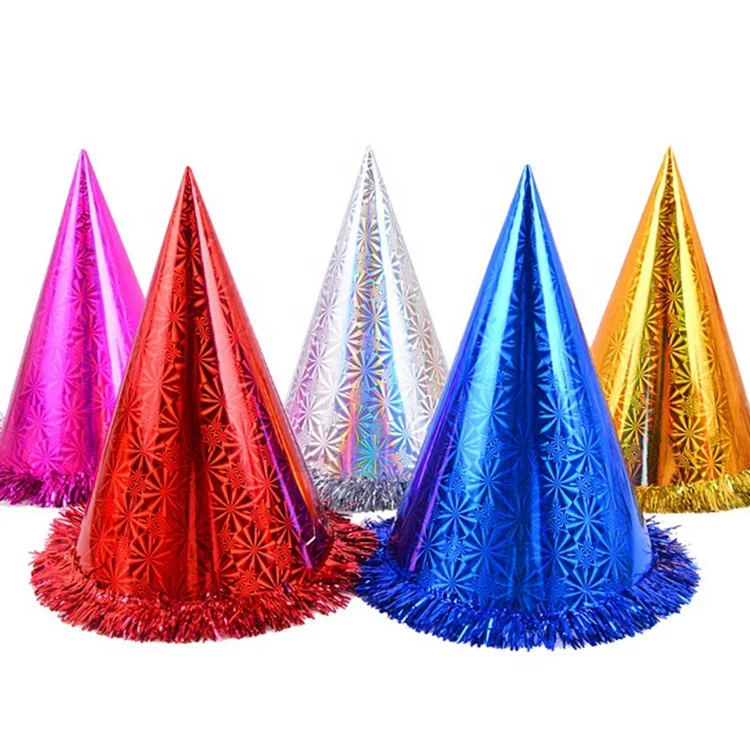 Wholesale cusomtn new santa hat of holographic paper Hot sale children birthday hat and fringed foil party hats