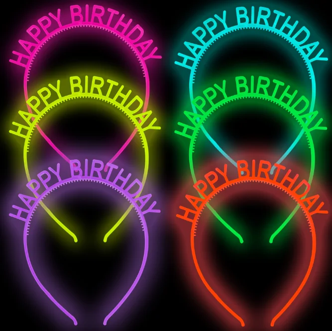 Custom Luminous Flower Shape Headband Colorful Glow Happy Birthday Letter Headwear Glow in Dark Plastic Hairband For Children