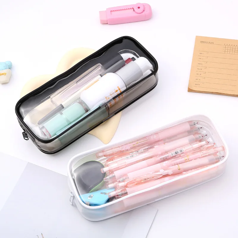 BEYOND Zipper Custom Logo Square Clear School Transparent Soft PVC Pencil Case Bag for Kids Pen Pencil