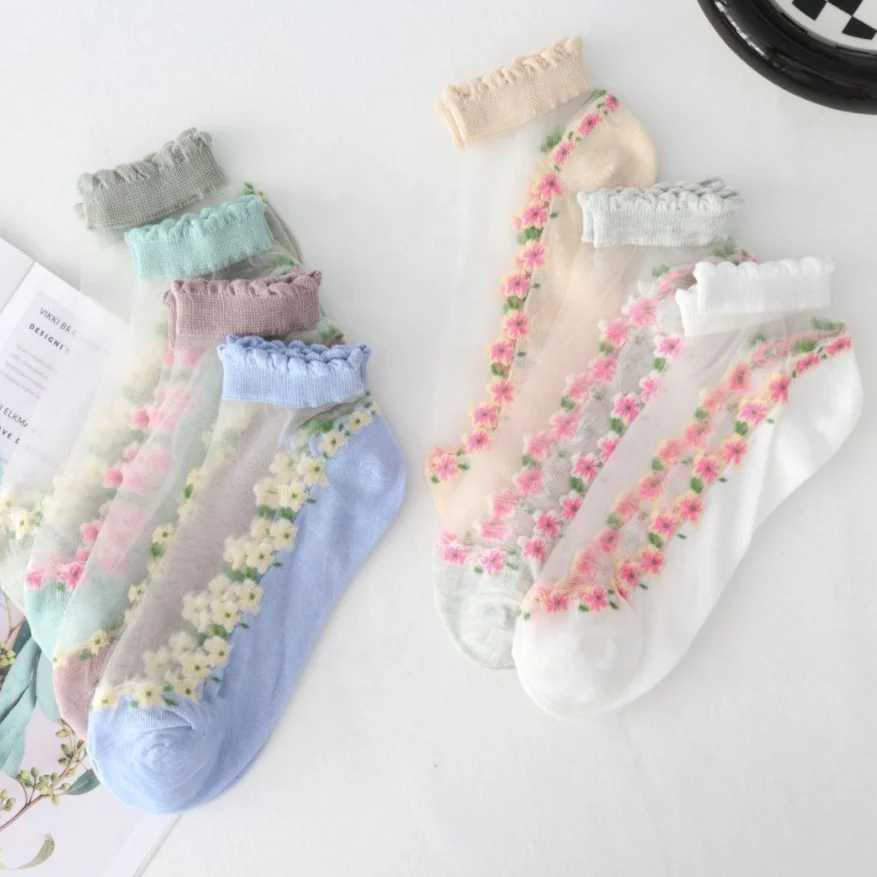 MIO women girl socks with ruffles sweet color ankle sock transparent mesh flowers wholesale retro floral socks