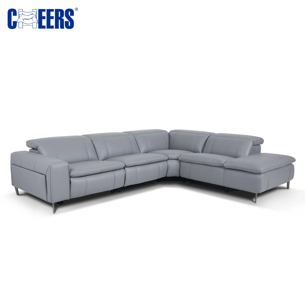 MANWAH CHEERS Grey Modular Furniture Recliner Couch 4 Seater Sectional Sofa Reclining Corner Leather Living Room Set