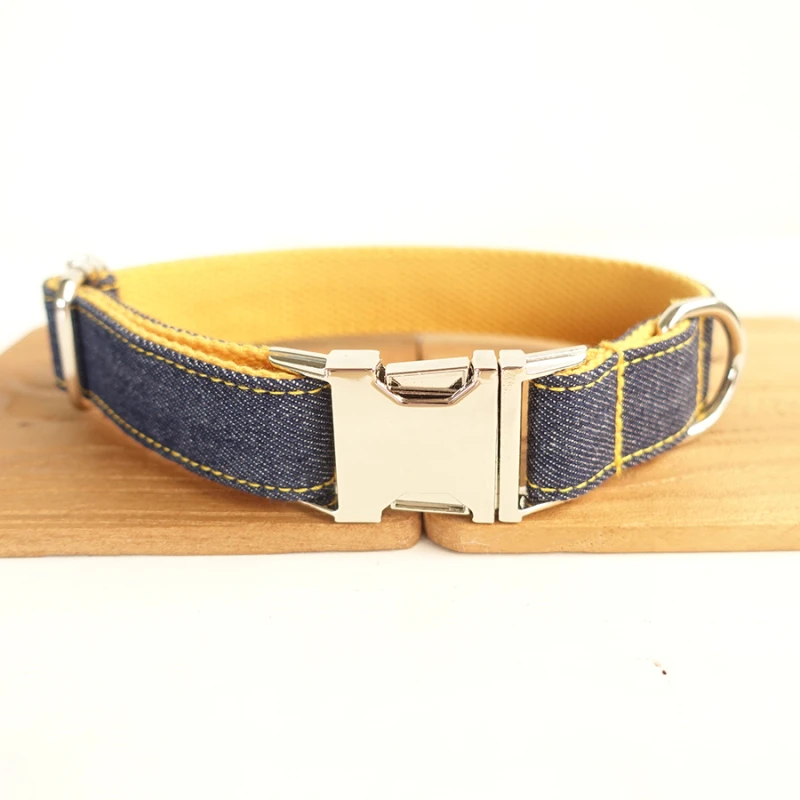Yellow Jean Custom Dog Collar set with Leash Pet Dog Tag Collar Nylon Puppy Cat Name Phone ID Collars For Small Large Dogs