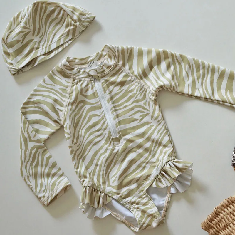 Long Sleeves Sun Protection Zip Front Adjust Up And Down Children Swimsuit With Hat Small Spots Leggy Look Bikini Girl Swimwear