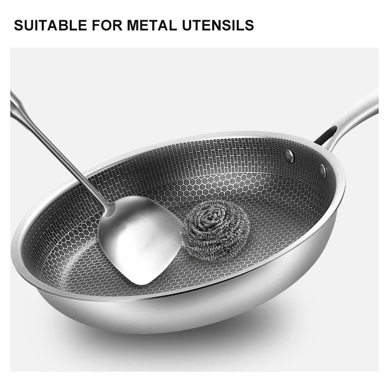 28cm Stainless Steel 304 Frying Pan Triply Kitchenware SS handle Non-Stick Coating Single Side Honeycomb Fire Textured Pattern