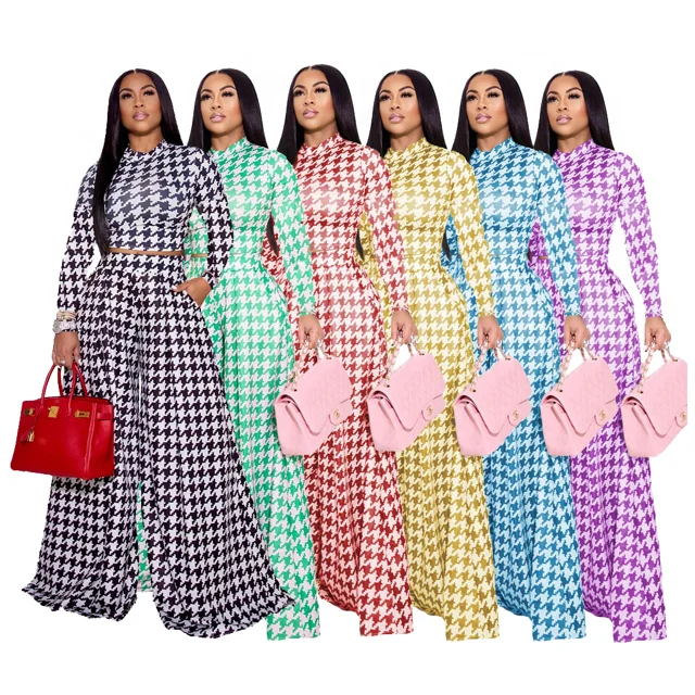 New Autumn Winter Women Houndstooth Printed Casual Suit Two-Piece Set  T-Shirt Top Wide Leg Pants 2 Piece Set