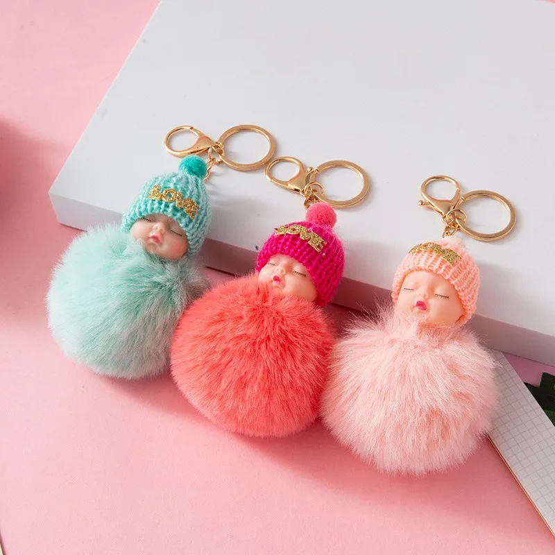 Wholesale 3D Doll Keychain Plush Mini Sleeping Baby Keychain Women Bags Hanging Key Ring