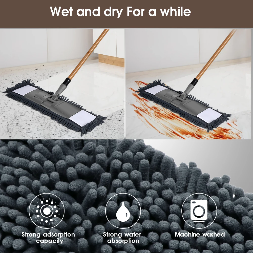 Masthome Washable Microfiber Chenille Folding Flat Mop With Bamboo Handle for Floor Cleaning