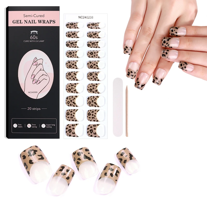 high quality gel uv nail stickers Brown leopard French design manicure semi cured gel nail strips