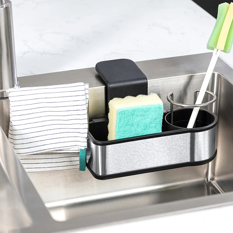 WIREKING Stainless Steel Sink Caddy Sponge Holder 3-In-1 Suction Cup Hanging Sponge Cloth Brush Holder Sink Caddy Organizer Rack