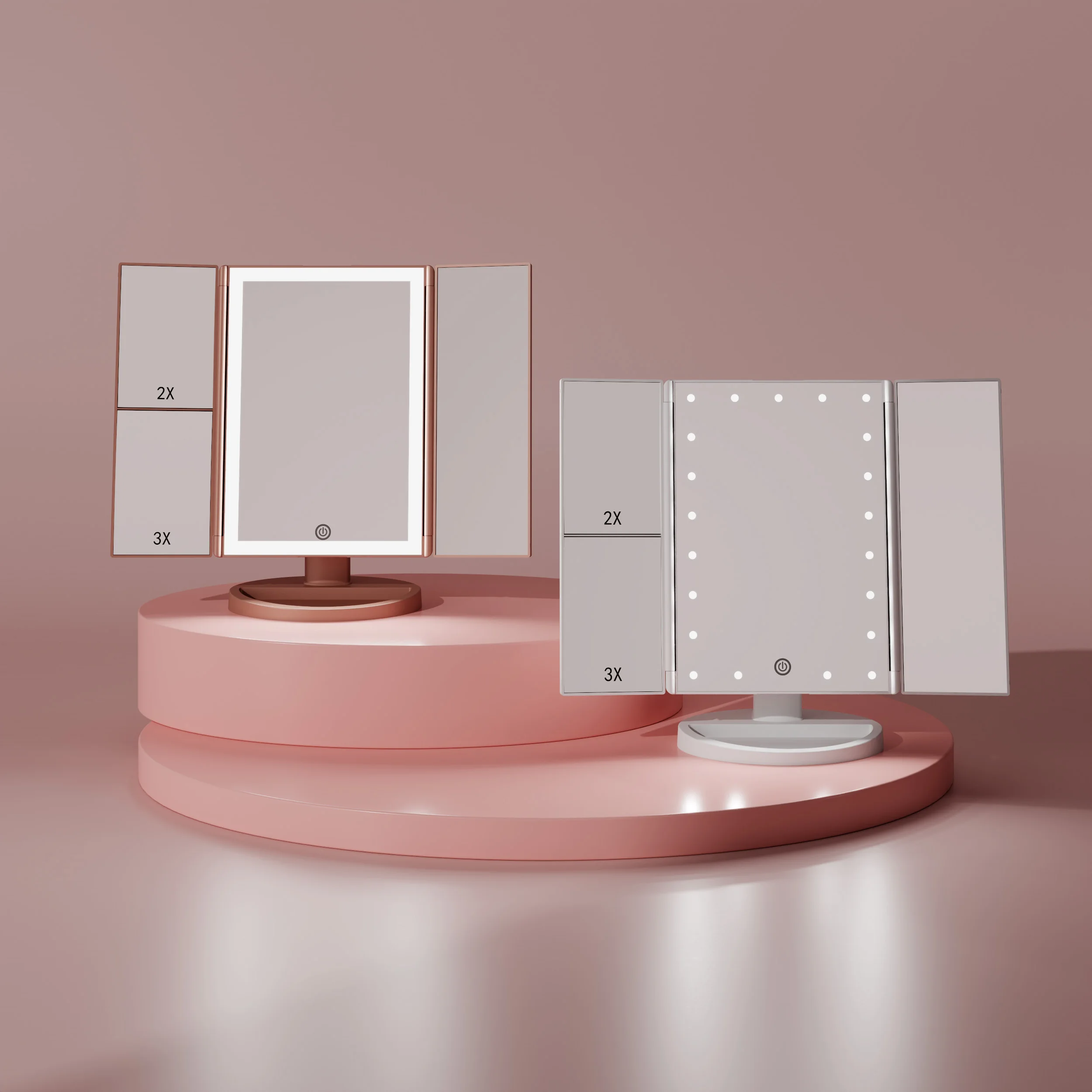 Custom Logo Wholesale Foldable Lighted Portable Table Travel Rose Gold Vanity With Led Lights Trifold Makeup Mirror