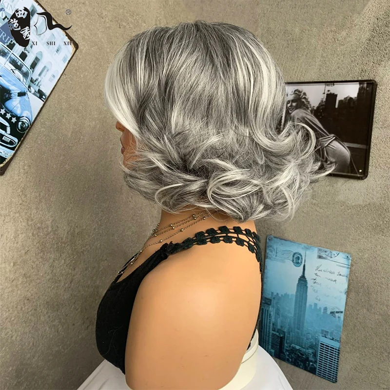 XISHIXIUHAIR short synthetic hair bob wig with kinky straight grey mixed color bob hair synthetic wigs for women