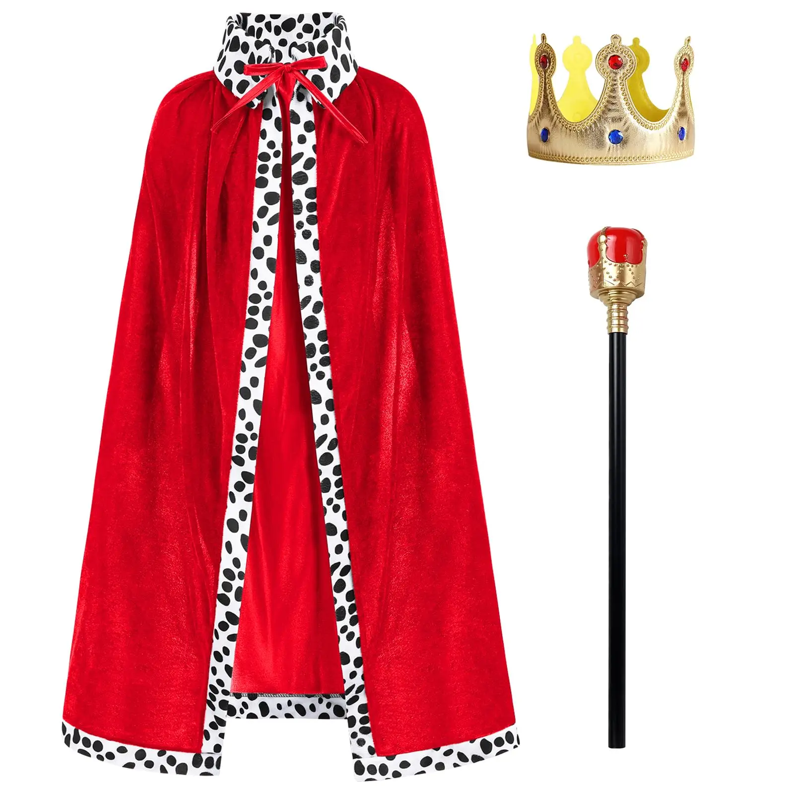 Adult Kids King Velvet Robe Crown Scepter Set Halloween Cosplay Themed Party Dress Up Cloak and Wand Set King Role Play Outfits