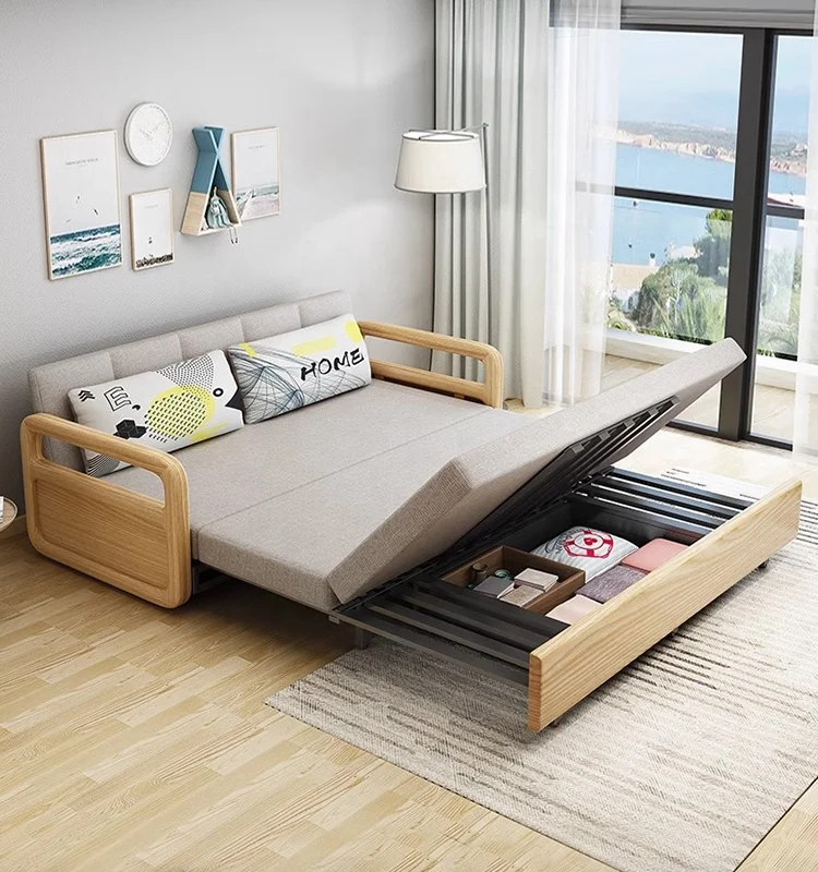 Living room furniture, wooden double sofa bed, pull-out sofa bed with storage cabinet
