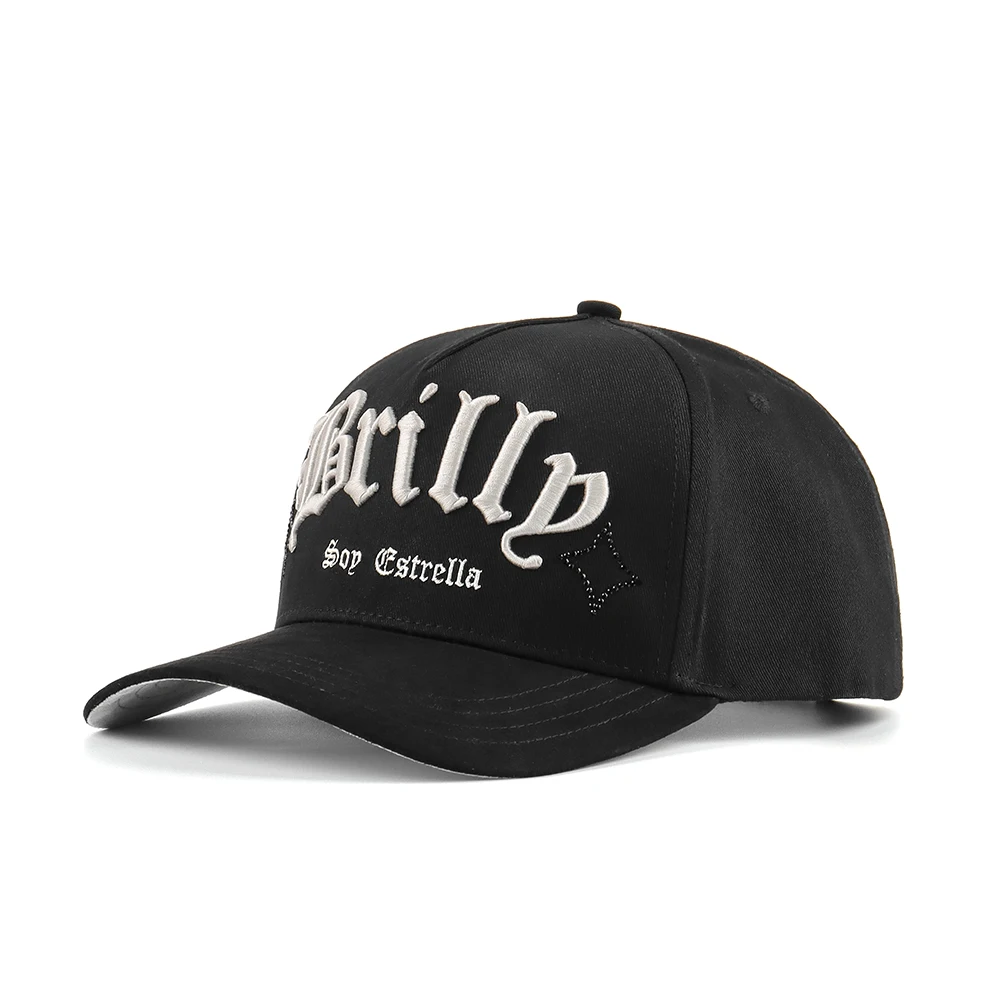 Custom 5 Panel 3D Embroidery Logo Rhinestone Baseball Cap Sport Cotton Twill Structured Dad Hat Satin Curved Brim Baseball Hat