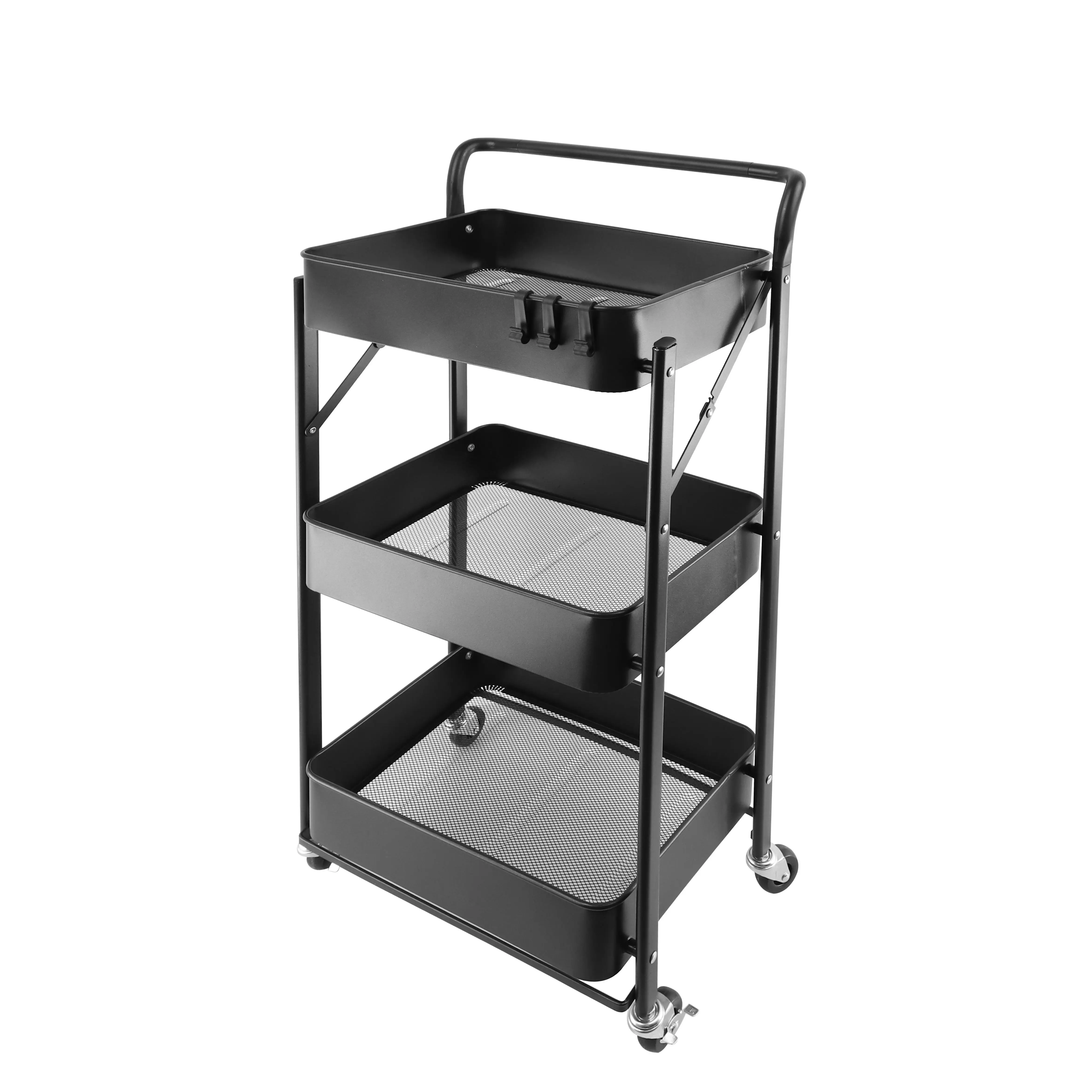Foldable Metal hand carts & trolleys 3 tier with wheels black color