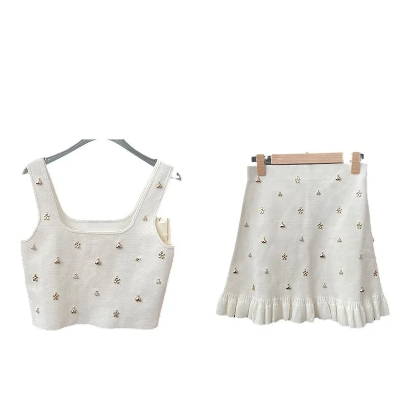 sandro dress women Spring/summer French white design ladies two pieces set sexy sleeveless halter vest  with  A-line skirt set