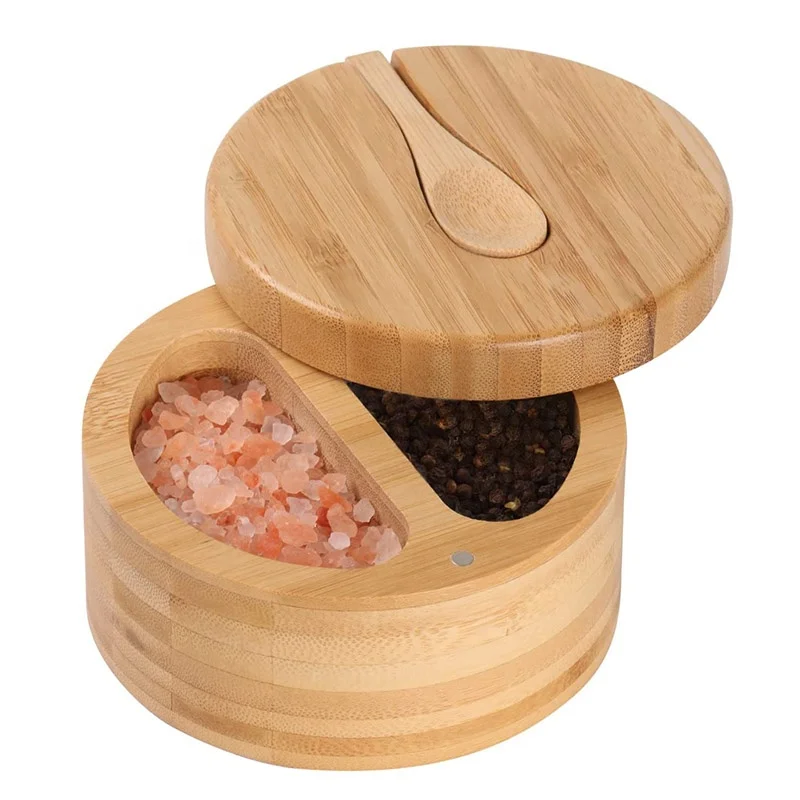 Personalized wood seasoning storage box Salt Box Kitchen Bamboo salt and pepper cellar