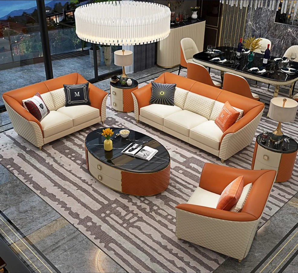 Foshan supplier Factory Luxury leather living room sofa set furniture 123 couch sofa Italy style leather sofa set