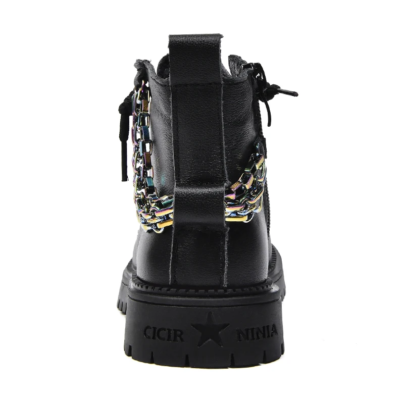 Embossed Kids Leather Non-slip Safety Shoes Rubber Sole Black Work Boots with Chain