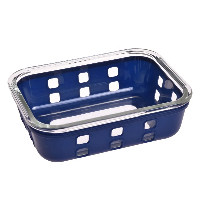 Deep  Blue color silicone cover glass food container storage box  with cutlery BPA free vented lid