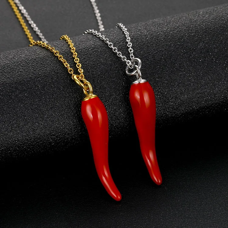 Fashion Stainless Steel Gold Silver Link Chain Oil-dripping Chili Pepper Necklace Red Color Italian Horn Statement Necklace