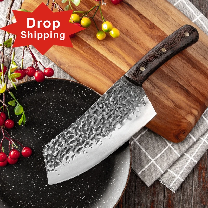 Dropshipping Handmade Full Tang Forged High-carbon Steel Wenge wood handle Kitchen Knives Chef Cleaver Slicing Butcher knife