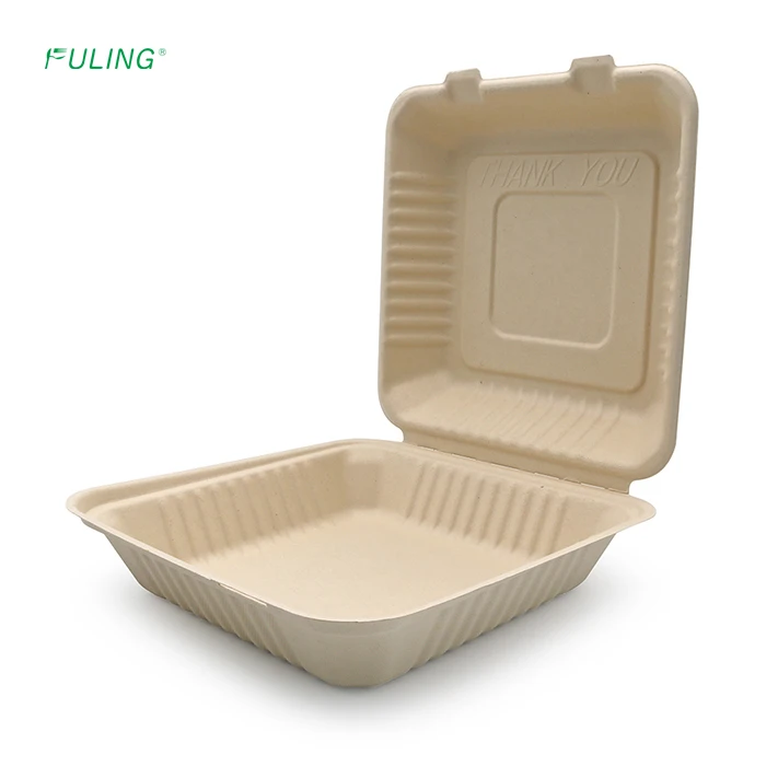 FULING Disposable Bagasse Eco-Friendly Biodegradable Take Out Food Containers Sugarcane Clamshell To Go Lunch Box