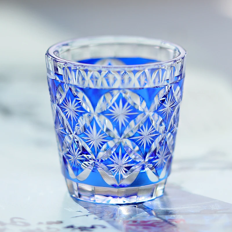 35ml Edo Kiriko Sake Glass Hand Carved Beautiful Patterns Liquor Shot Glass Blue&Red&Purple Color Embossed Glass