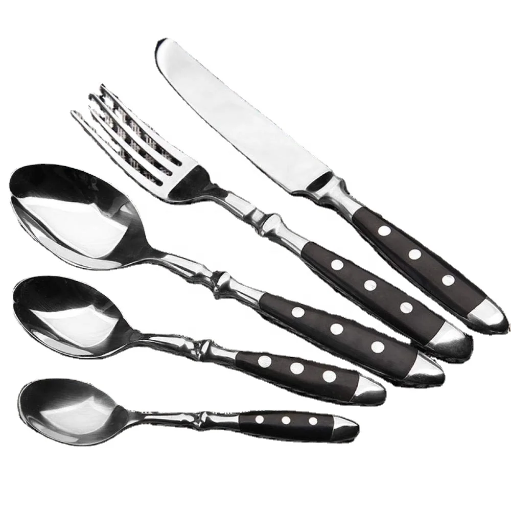 Germany black bakelite cutlery with 3 riveted handle, bulk 25 pcs stainless steel flatware silverware set with wood handle