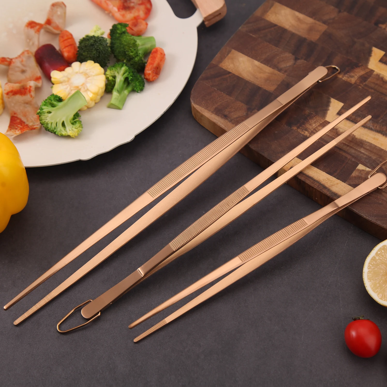 Rose Gold Stainless Steel BBQ Grill Clamps for Bread Steak Fried Fish Multipurpose Food Tong