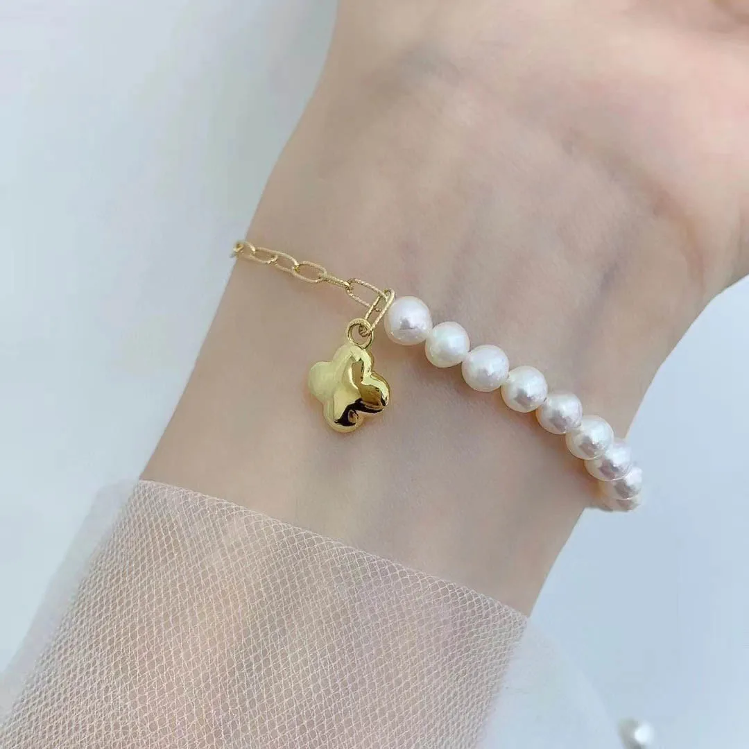 Luxury Fashion AU750 Pure Real 18K Gold Pearls Bracelet Removable Earring Sets Fine Jewelry Women Ladies Bracelets Rings Set