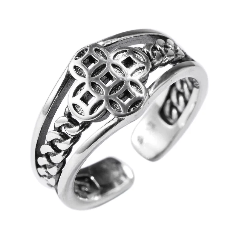 Black S925 sterling silver vintage braided chain brass money grass men and women open ring trend index finger tail ring