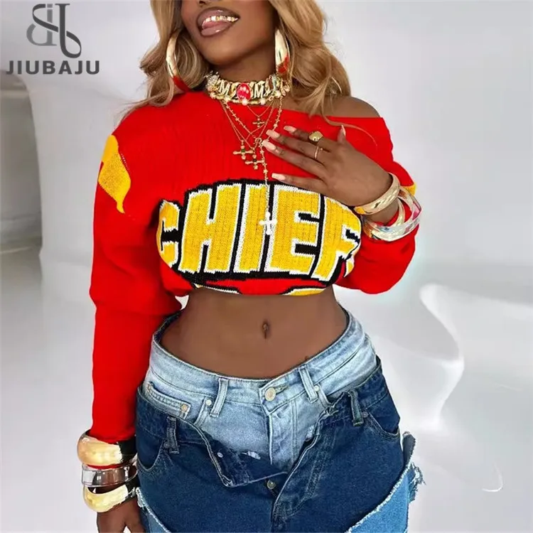 Fall Hip-Hop Street Letter Print Sweater Women 2024 Inclined Shoulder Long Sleeve Knit Pullover Harajuku Jumper