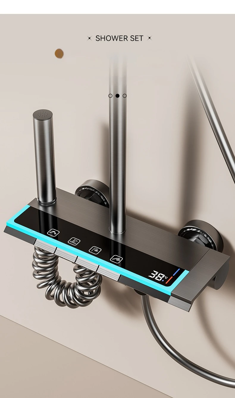 New Intelligent Digital Display Luxury Bathroom Wall Mounted Piano Key 4 Ways Water Outlet Rainlfall Shower Set Faucet System